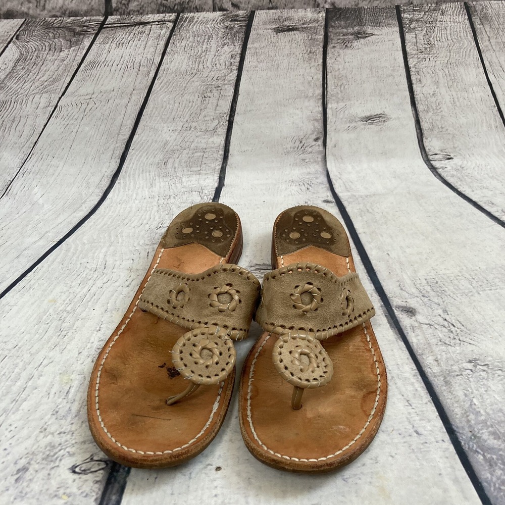 Calypso By Jack Rogers Sandal Womens Size 7 Leather thong Slip On Natural Flat - Picture 2 of 8